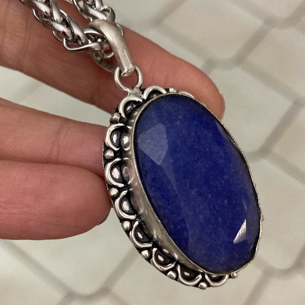 Genuine dark blue lapis lazuli oval gemstone boho charm silver necklace - Picture 11 of 13